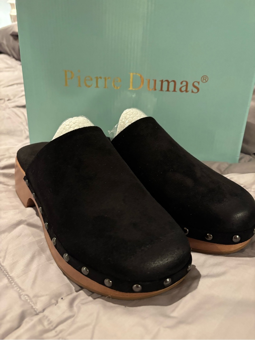 NWT Pierre Dumas Black Suede Studded Clogs with Wood-Look Sole